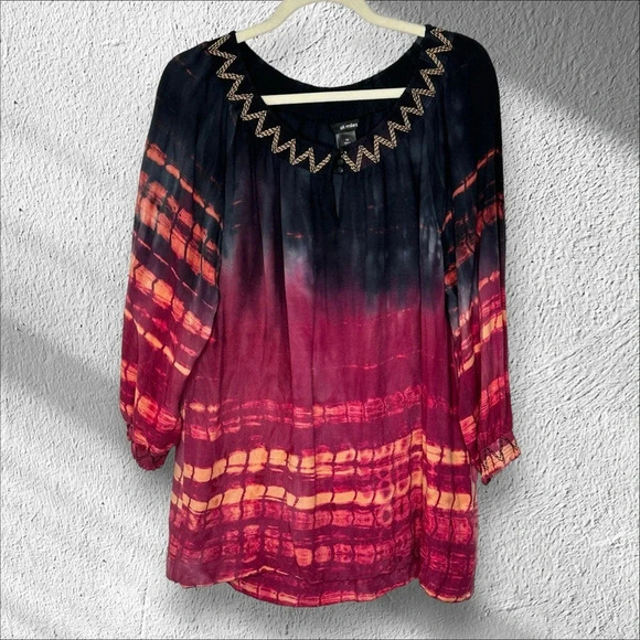 Ali‎ Miles Colorful Tye Dye Bohemian size 1X Blouse Arty Lagenlook Rainbow Plus - Picture 1 of 14